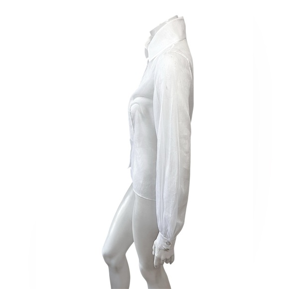 CHANEL White Silk Pleated Tuxedo Blouse CC Buttons 34 - Picture 5 of 10